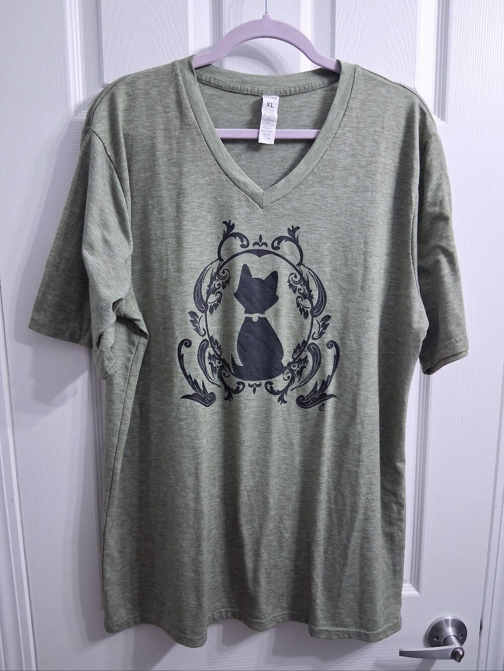 Cat Lady Victorian Kitty Cat Tee Shirt V-neck Heather Green